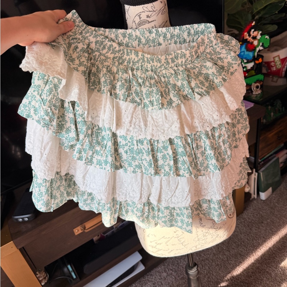 Three Bird Nest Blue Floral Tiered Eyelet Mini Skirt